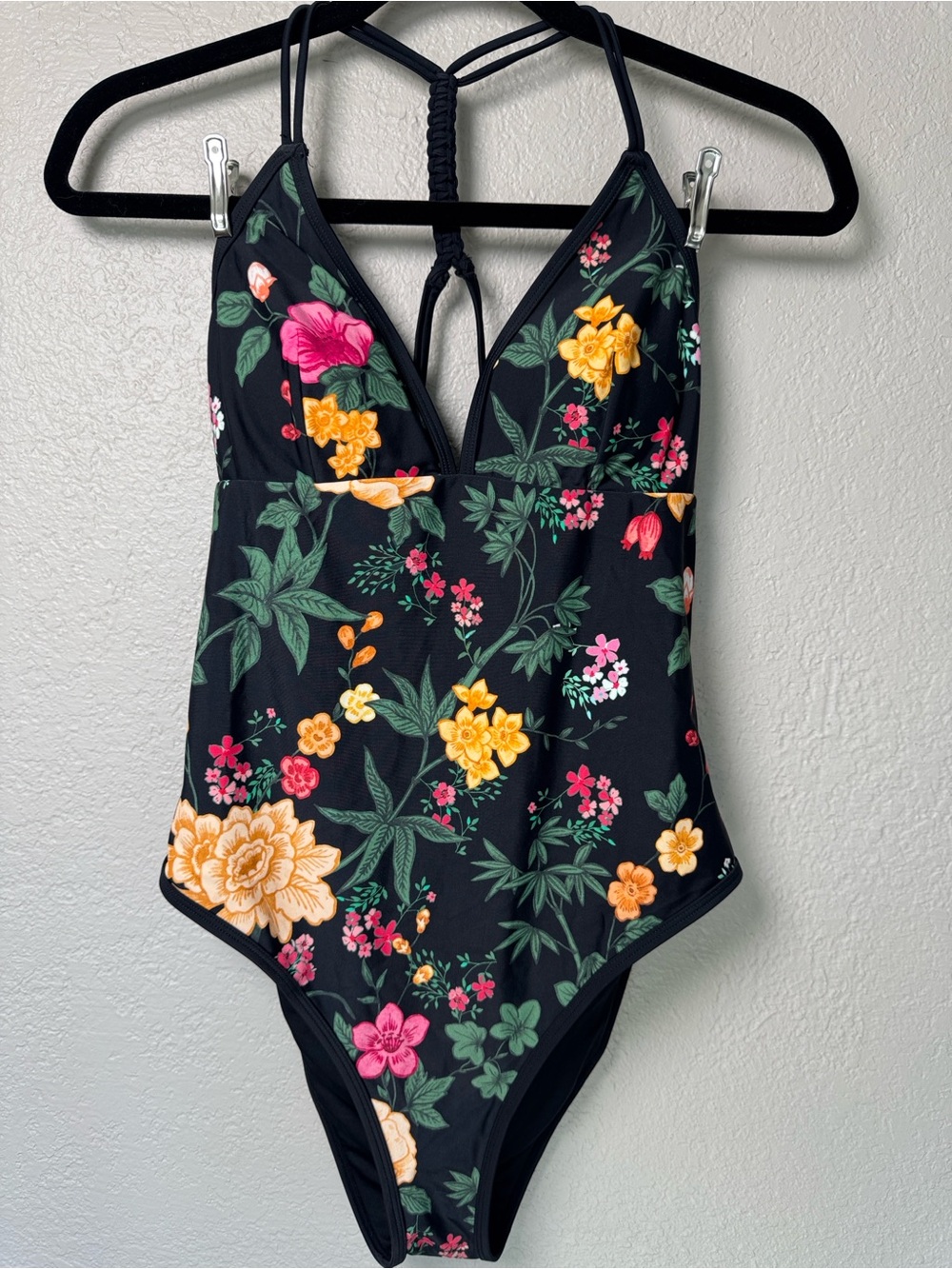 Cupshe Black Floral One-Piece Swimsuit with Green and Pink Accents - Picture 3 of 10